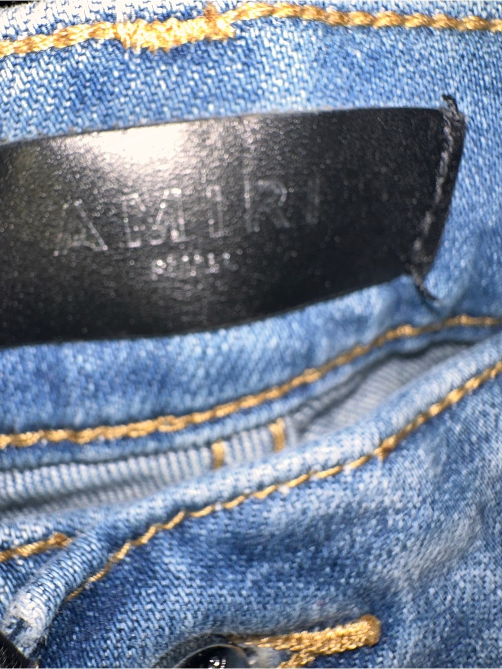 AMIRI Men’s Slim Jeans in Light Blue Denim with Gold Stitching